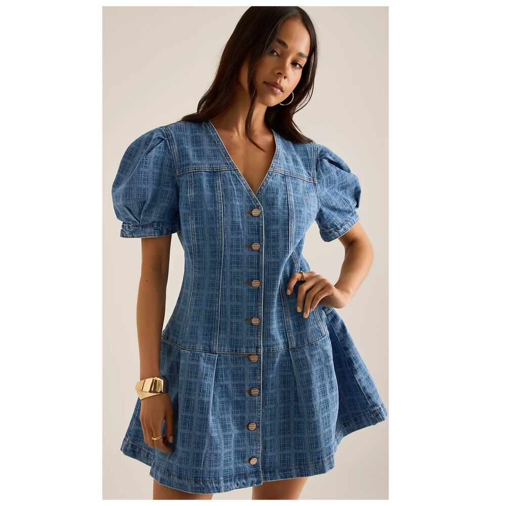 Damson Madder Adeline Puff-Sleeve Denim Mini Dress Size UK14, US/10